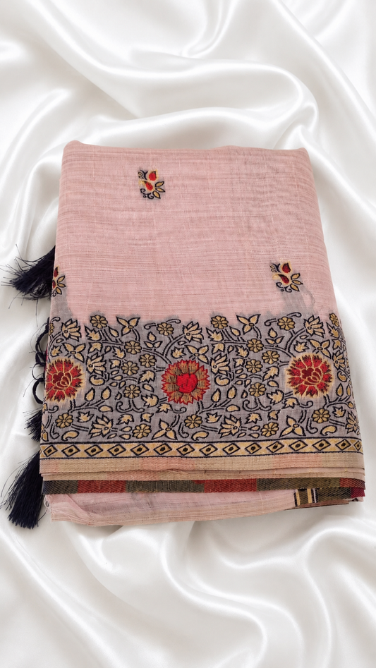 Coral Rose Cotton Silk Saree | Meenakari Zari Handwoven Floral & Leaf Motifs