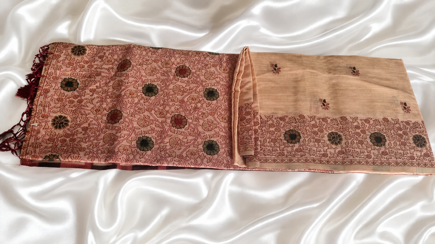 Brick Orange Cotton Silk Saree with Brown Floral Embroidery