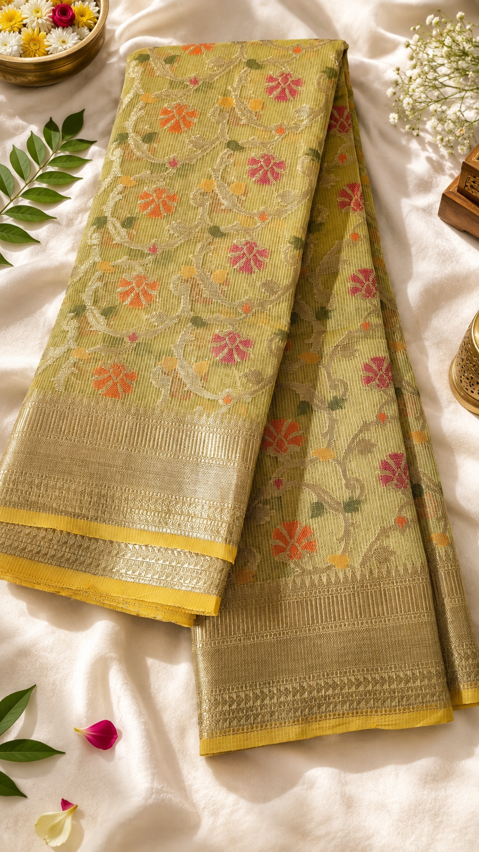 🌸 Pistachio Green Banarasi Soft Silk Kanjivaram Saree