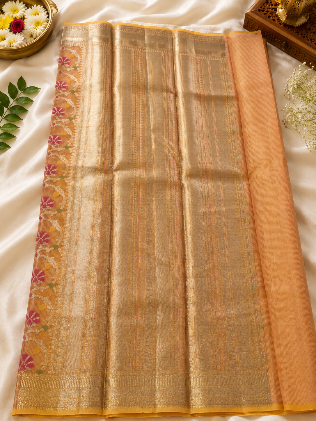 🌸 Saffron Banarasi Soft Silk Kanjivaram Saree