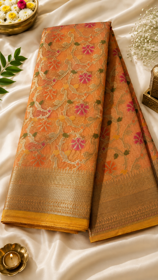 🌸 Saffron Banarasi Soft Silk Kanjivaram Saree