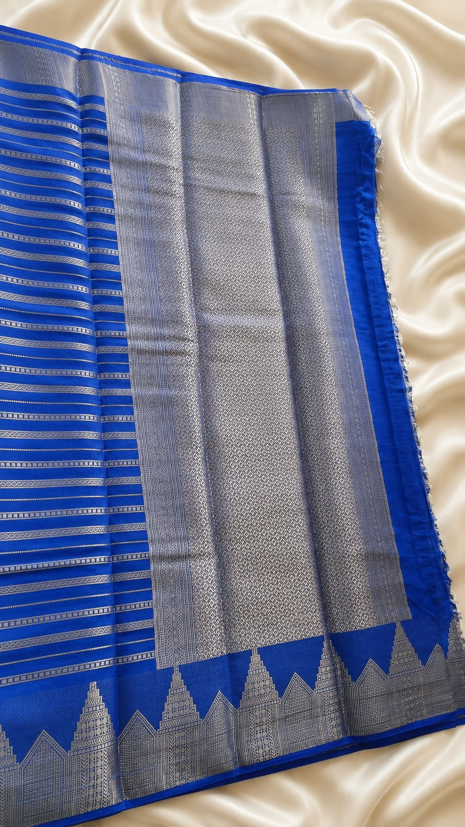 Royal Blue Soft Silk Saree | Silver Zari Veldhari Lines | Geometric Chakkram Pallu | Temple Border