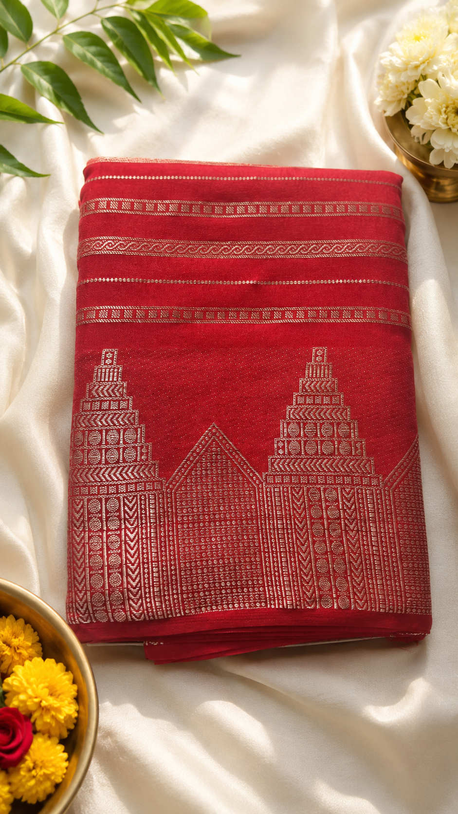 Sindoor Red Mysore Crepe Silk Saree – Silver Zari Veldhari Lines with Temple Border & Full Silver Zari Pallu
