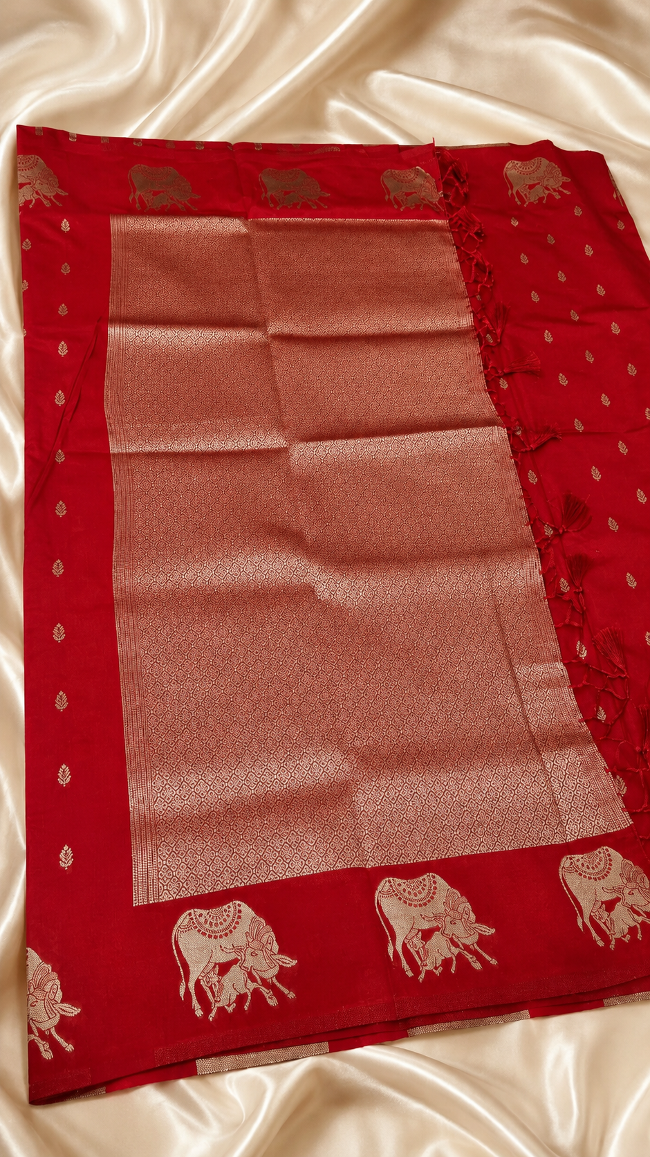 Red Soft Silk Saree with Pichwai Cow & Calf Art and Full Zari Pallu