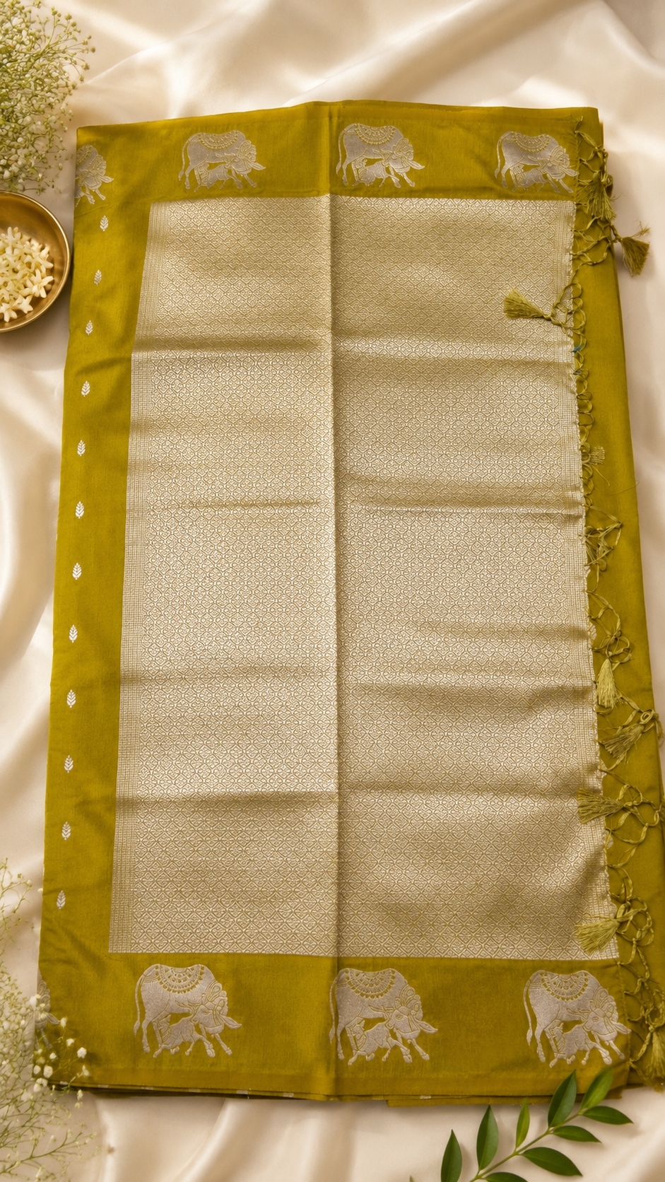Pichwai Kamdhenu Soft Silk Saree in Mustard Yellow with Silver Zari Pallu