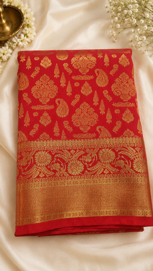 Red Silk Saree with Golden Zari Border & Floral Motifs