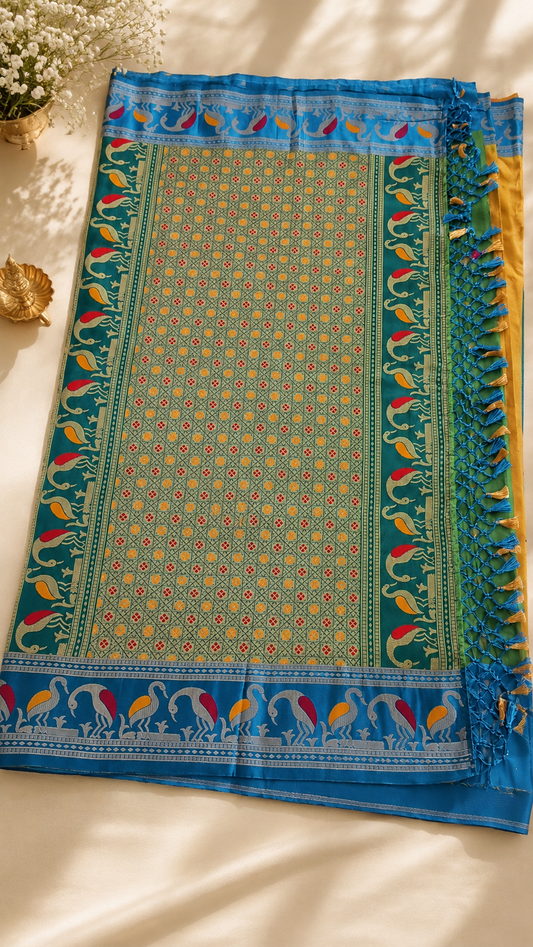 Yellow Soft Silk Saree | Annapakshi Hamsa Border | Contrast Blue Full Zari Pallu | Multicolour Motifs | Blouse Piece Included