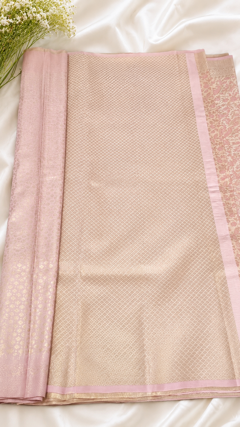 Pink Floral Soft Silk Kanjivaram Saree with Golden Pallu