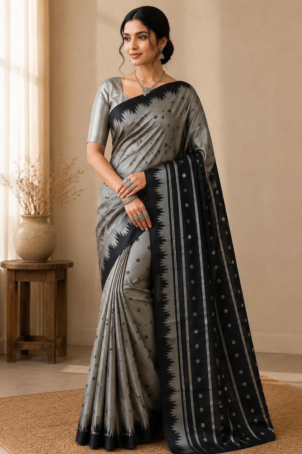 Ash Grey Kanjivaram Semi-Silk Saree with Black Temple Border