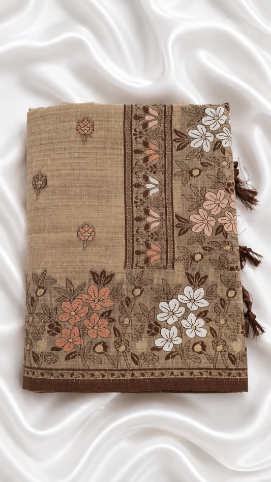 Chikoo Brown Cotton Silk Saree | Meenakari Zari Handwoven Floral & Leaf Motifs