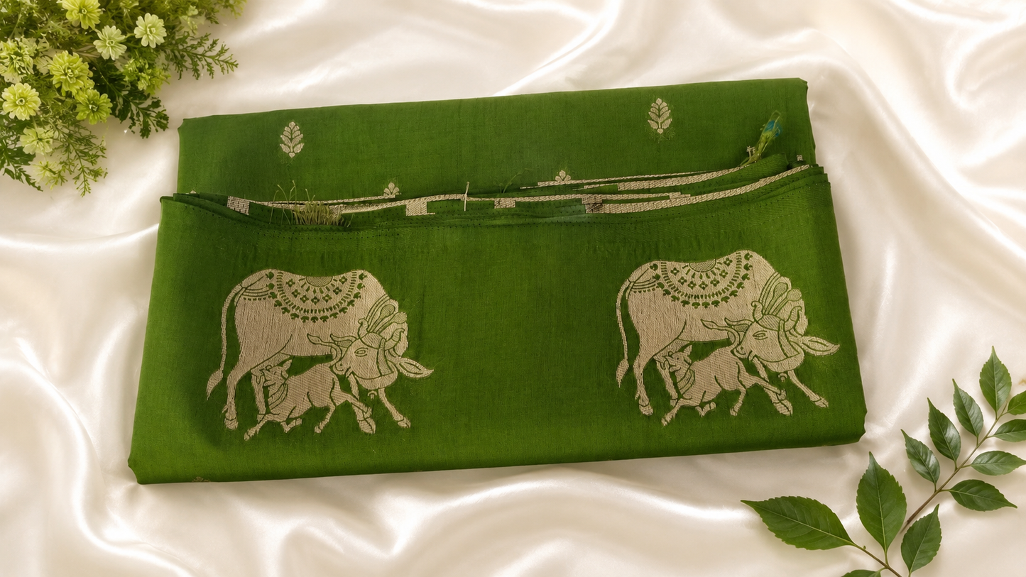 Emerald Kamdhenu Soft Silk Saree |Pichwai Border & Pallu