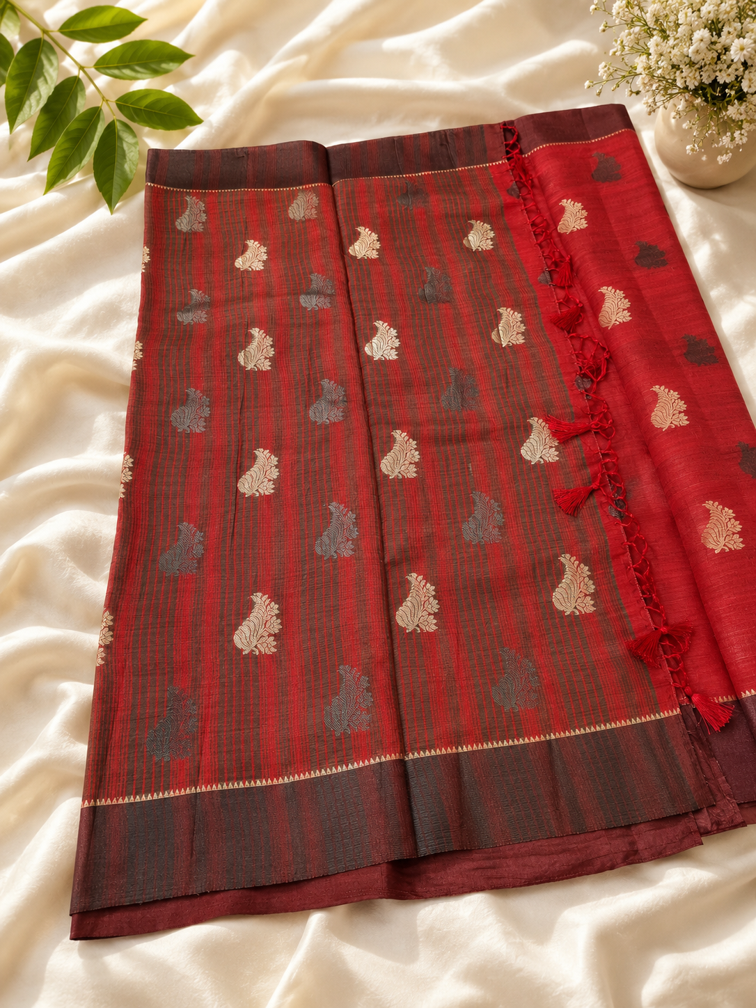 Crimson Red Soft Silk Saree | Gold Zari Butta Weave | Coffee Brown Border