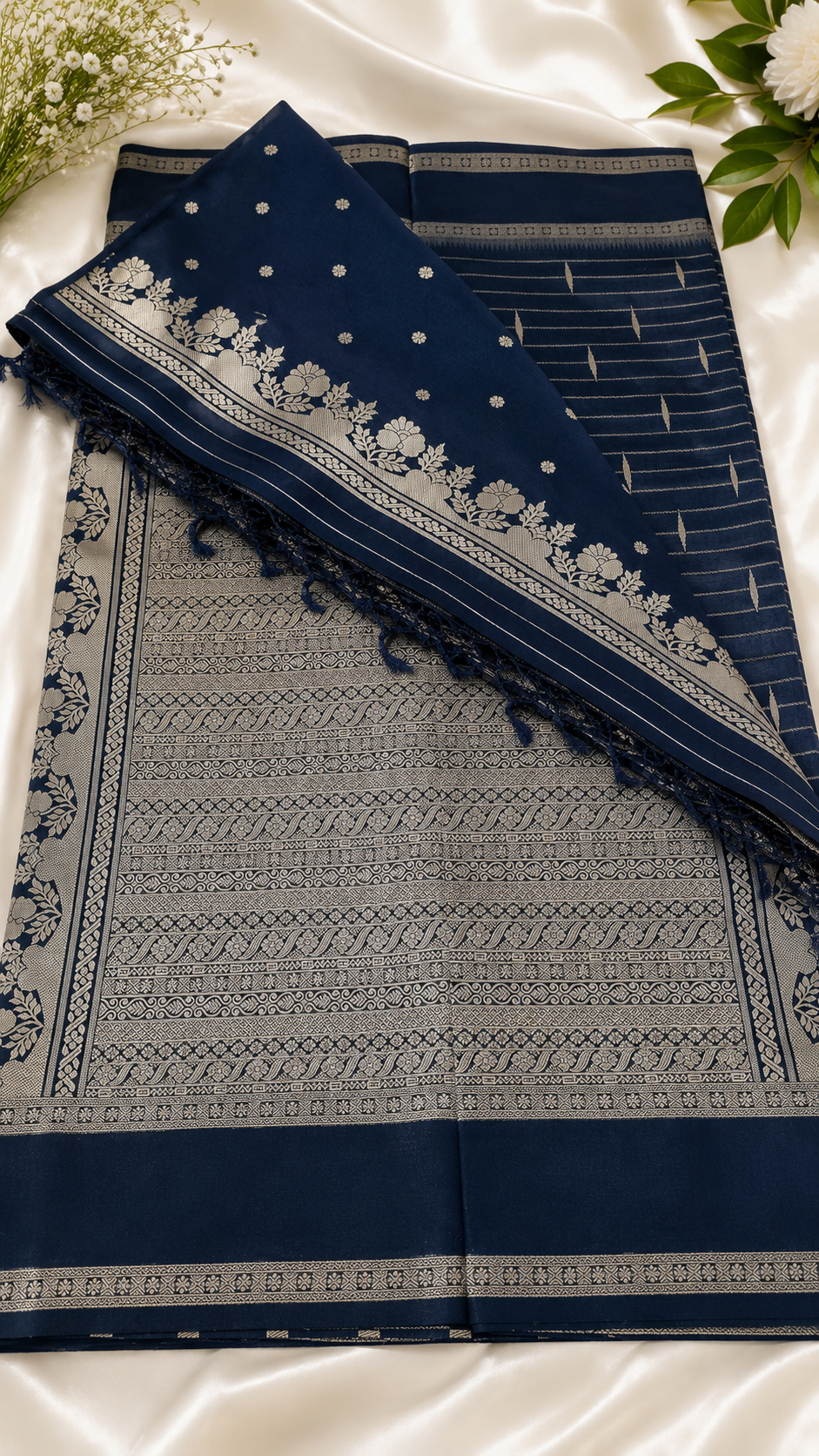 Navy Blue Veldhari Krishna Tilak Silk Saree