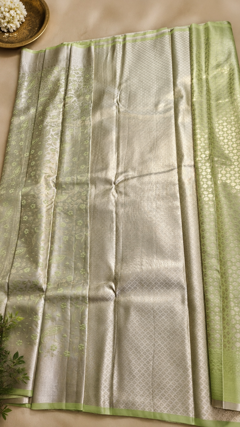 Soft Silk Green Kanjivaram Saree with Floral & Silver Zari Motifs