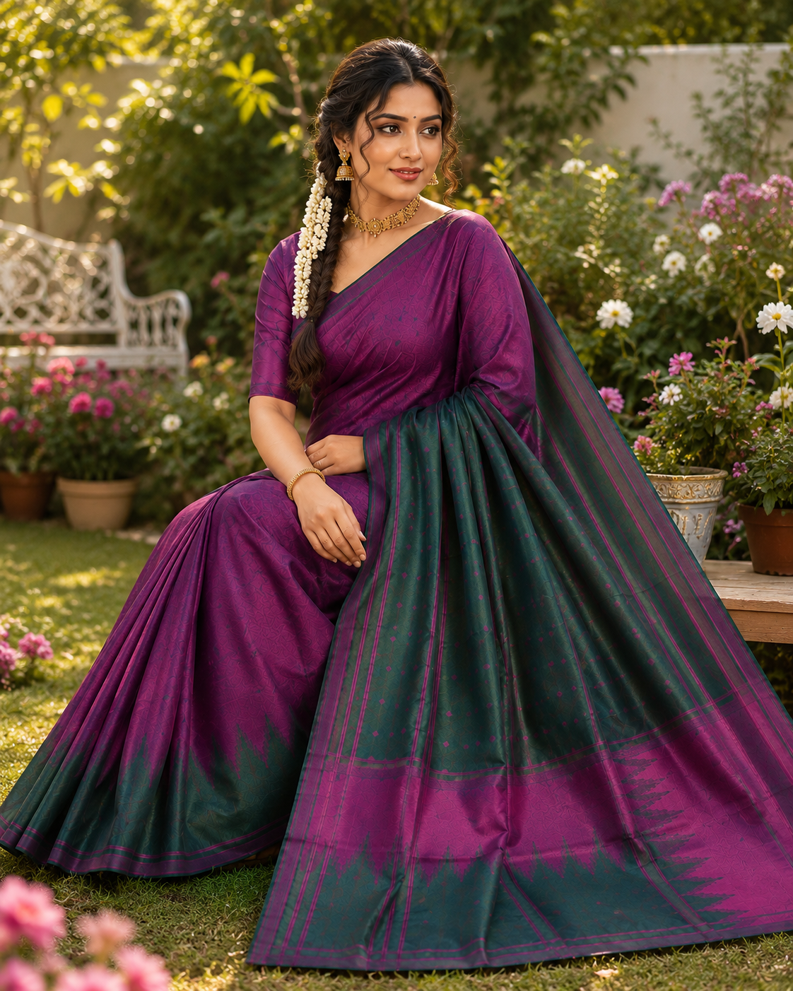 Semi-Silk Kanjivaram Saree – Purple with Green Temple Border