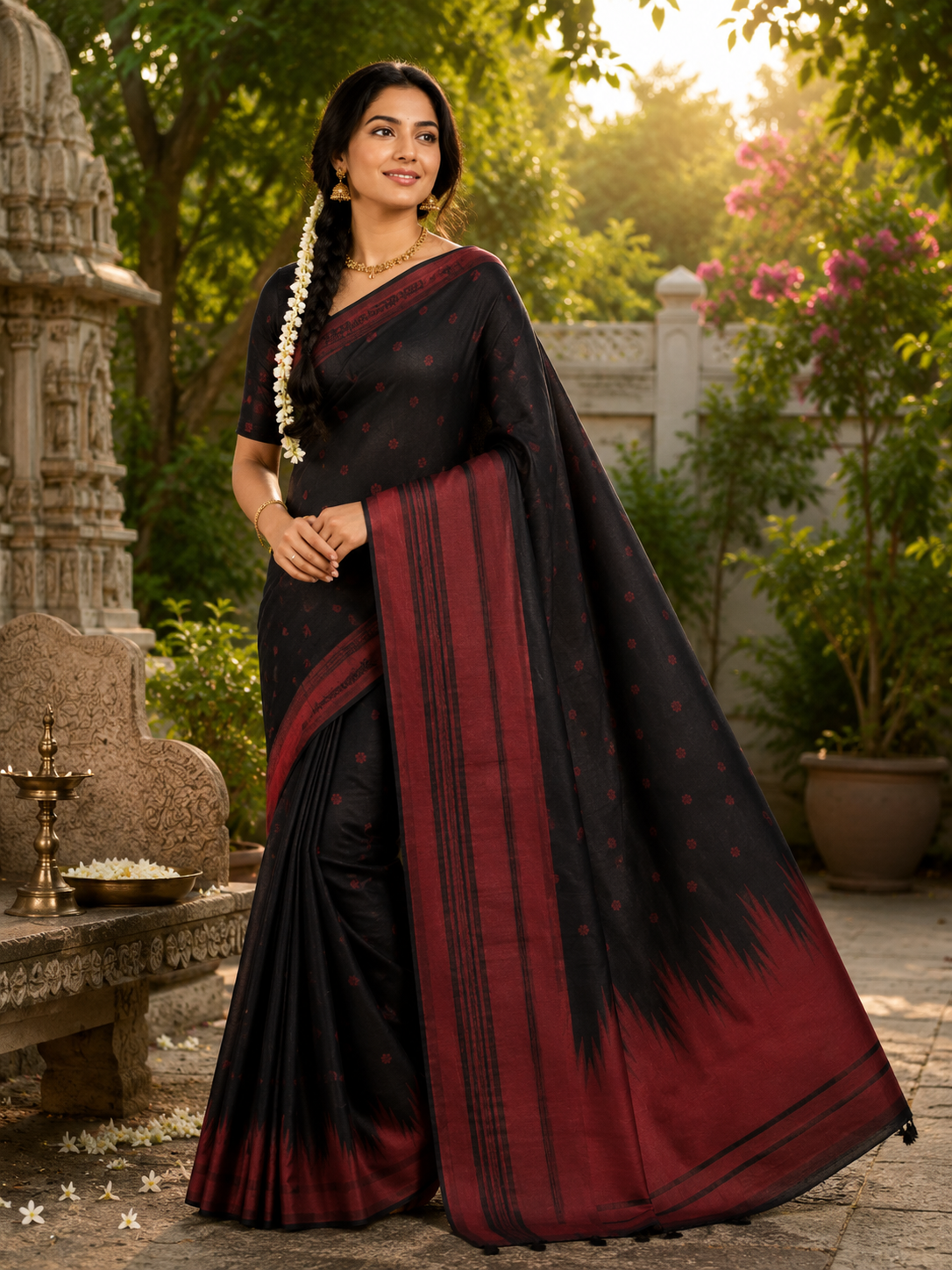 Semi-Silk Kanjivaram Saree – Black with Red Temple Border & Bhutta Work