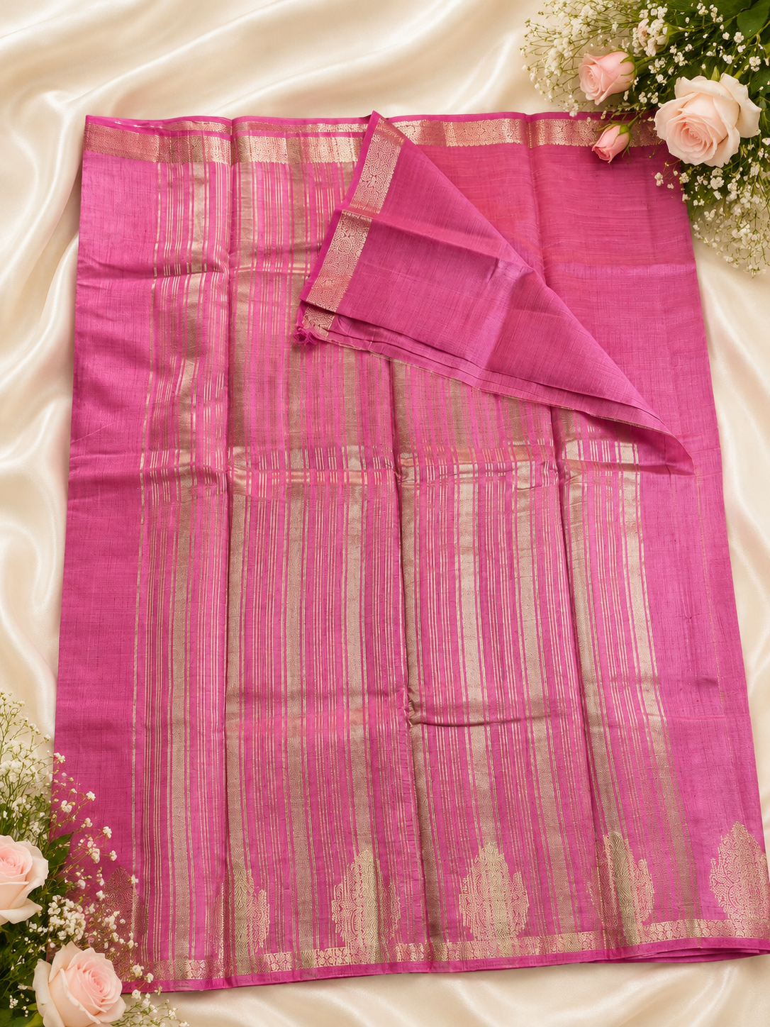 Rani Pink Kanchipuram Tussar Silk Saree with Golden Zari Bhutta Border & Blouse Piece