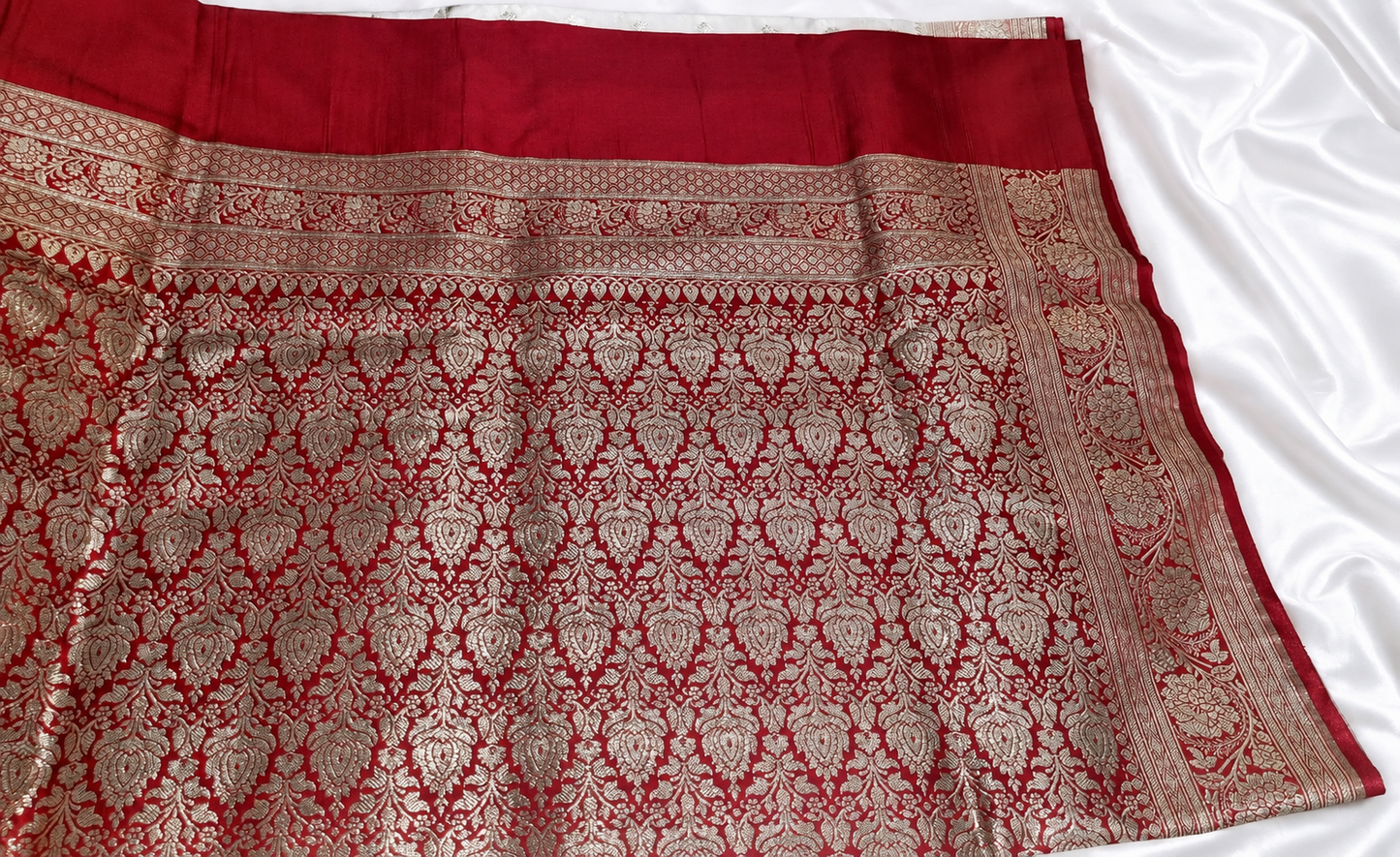 Ivory White & Ruby Red Banarasi Silk Saree with Silver Zari Weaving