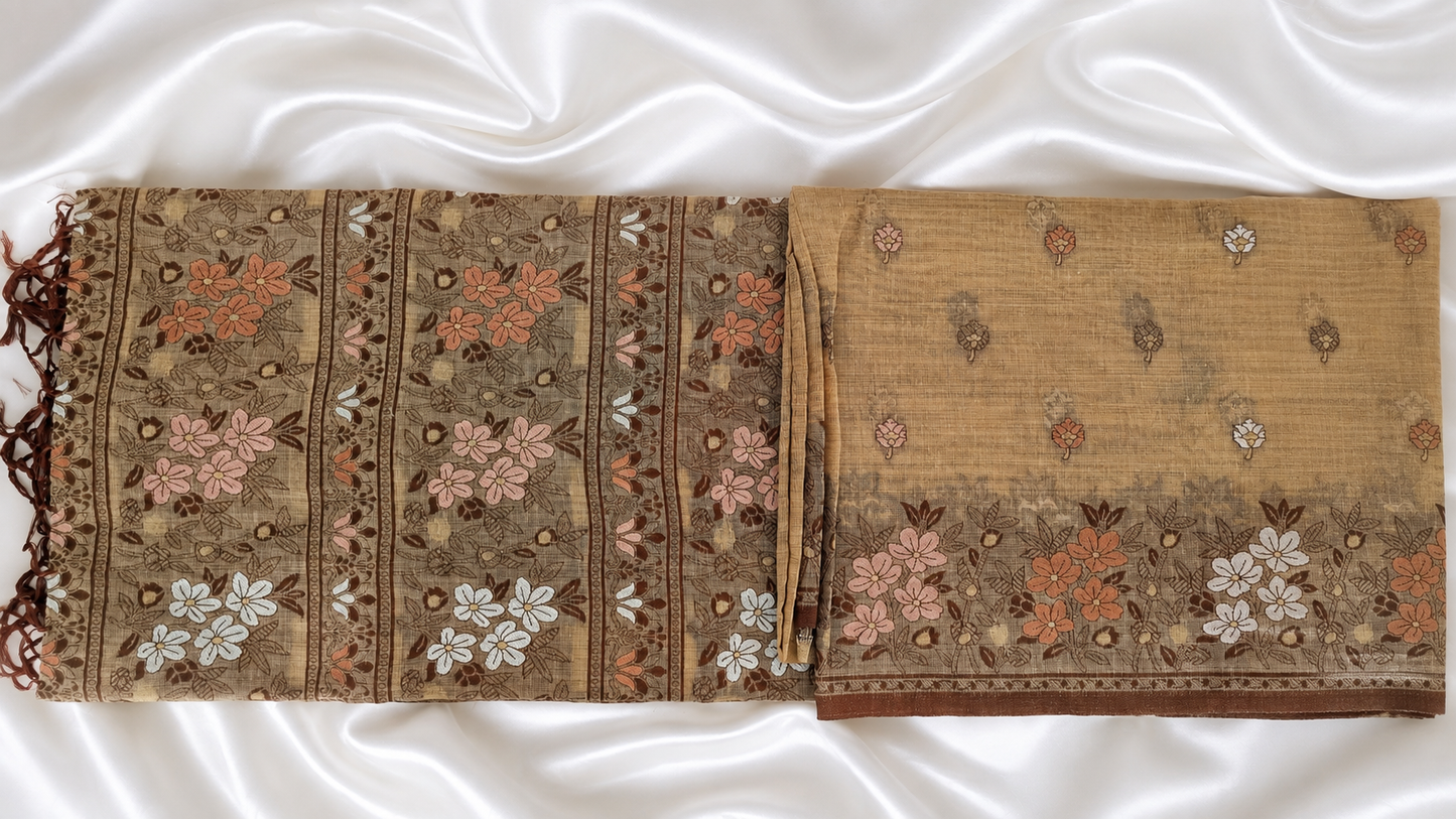 Chikoo Brown Cotton Silk Saree | Meenakari Zari Handwoven Floral & Leaf Motifs