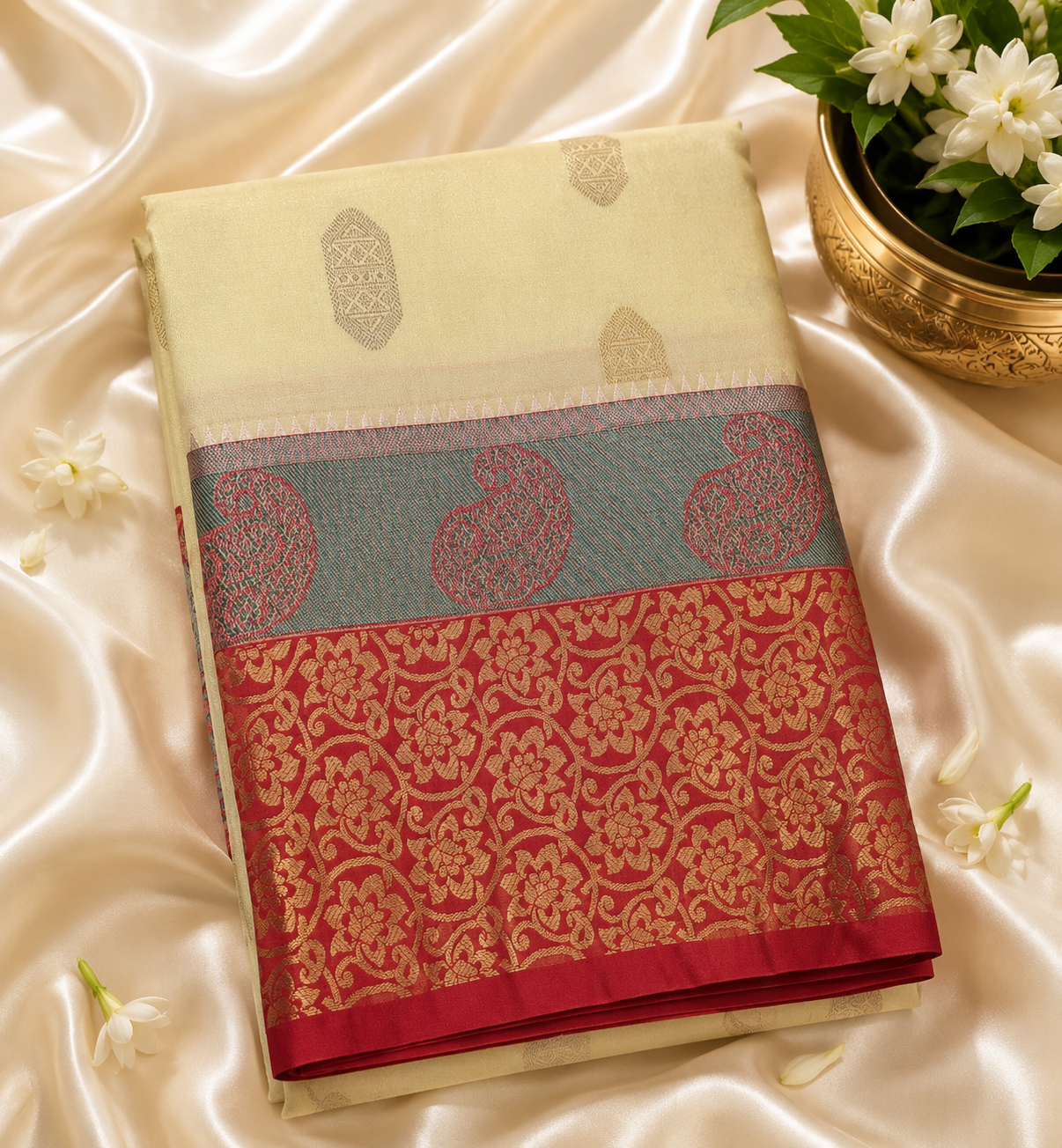 Classic Cream Kanjivaram Silk Saree with Maroon Border and Gold Weaving