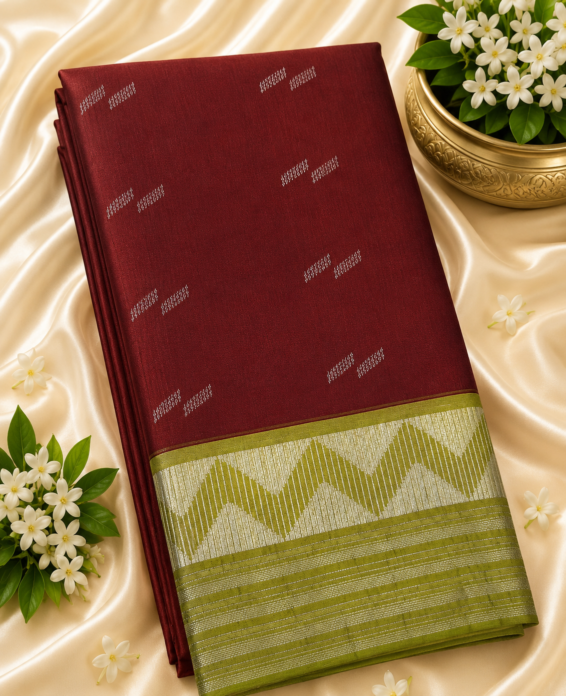 Deep Maroon Soft Silk Saree with Contrast Olive Green Border