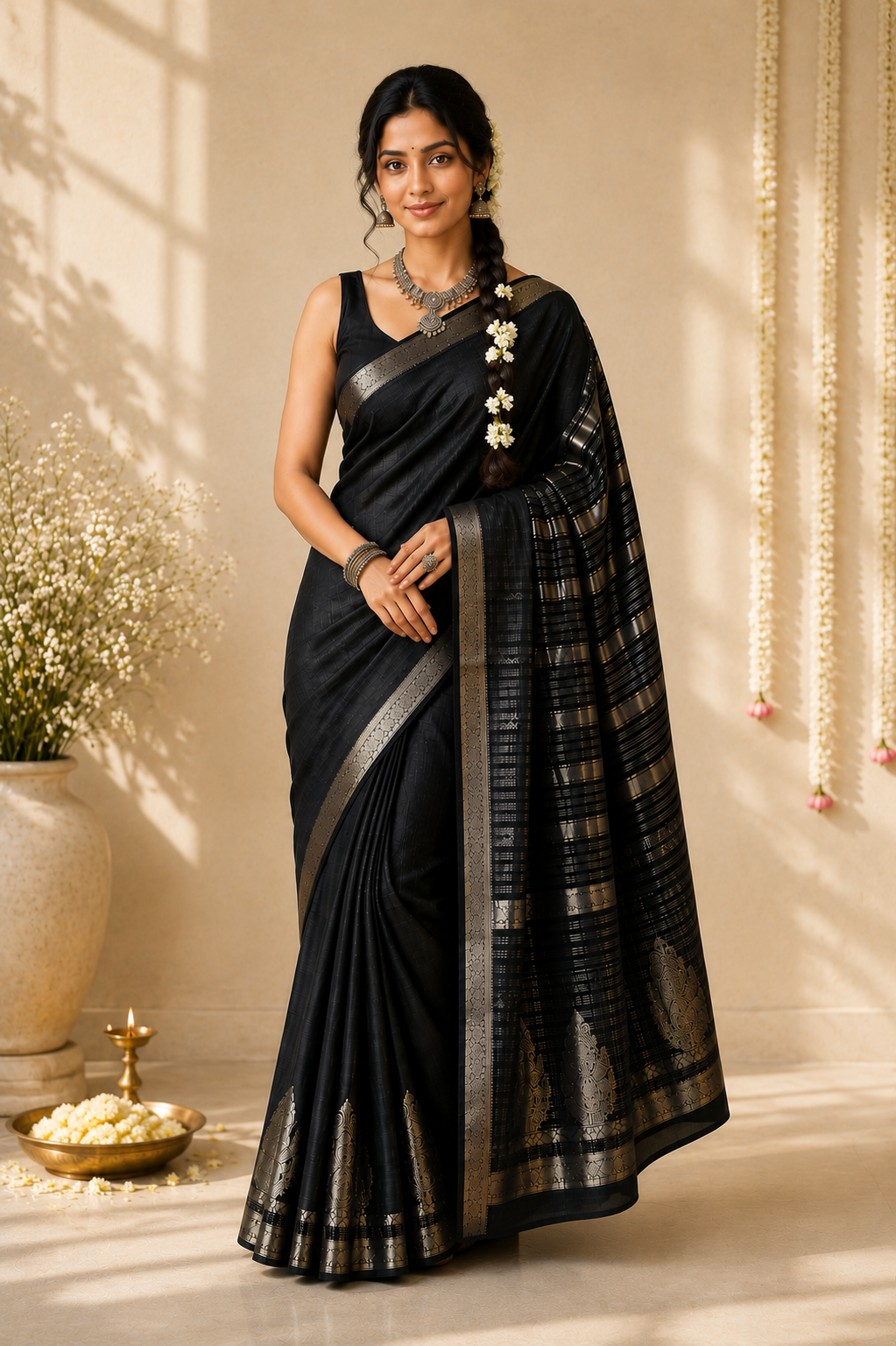 Black Kanchipuram Tussar Silk Saree with Golden Zari Border & Blouse Piece