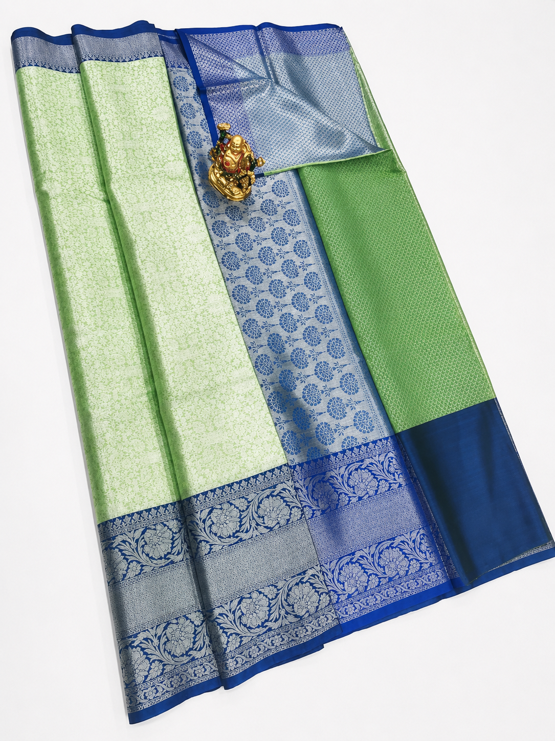 Luxury Light Green Kanjivaram Semi Silk Saree with Glossy Finish & Navy Blue Border
