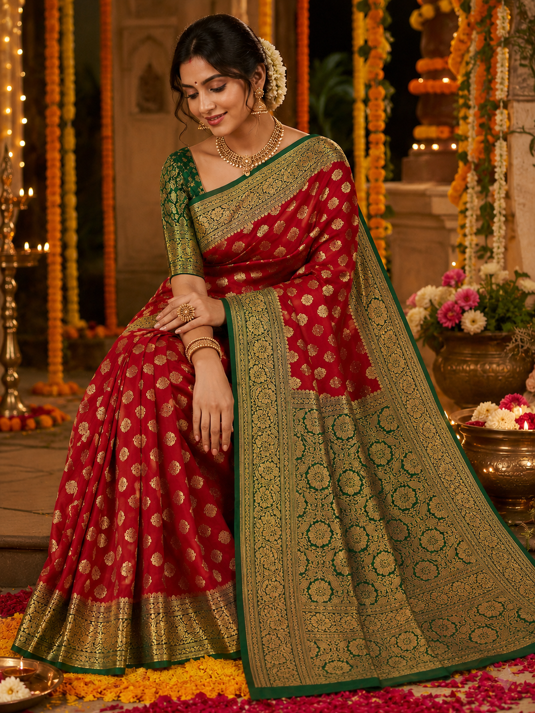 Red Banarasi Silk Saree with Green Zari Floral Border & Pallu