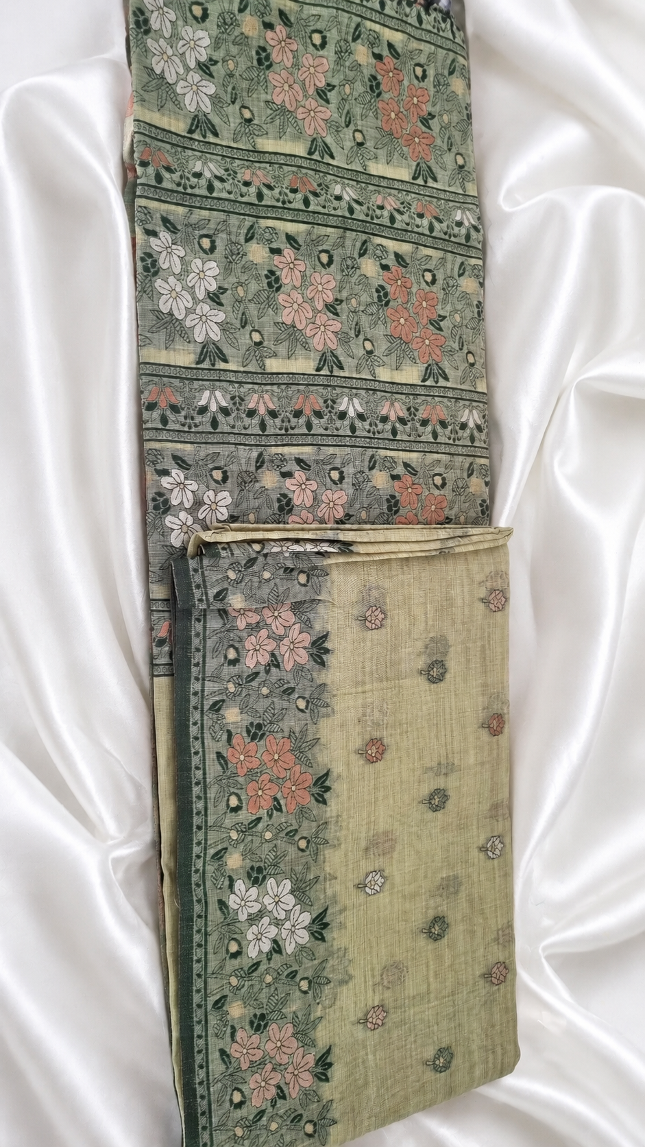 Pista Green Cotton Silk Saree | Meenakari Zari Handwoven Floral & Leaf Motifs
