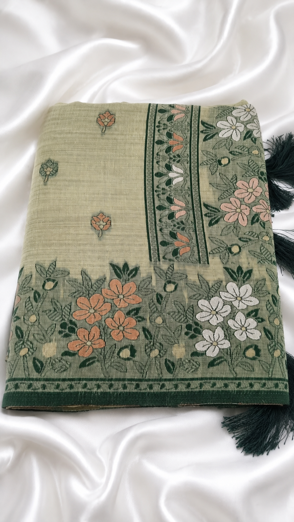 Pista Green Cotton Silk Saree | Meenakari Zari Handwoven Floral & Leaf Motifs