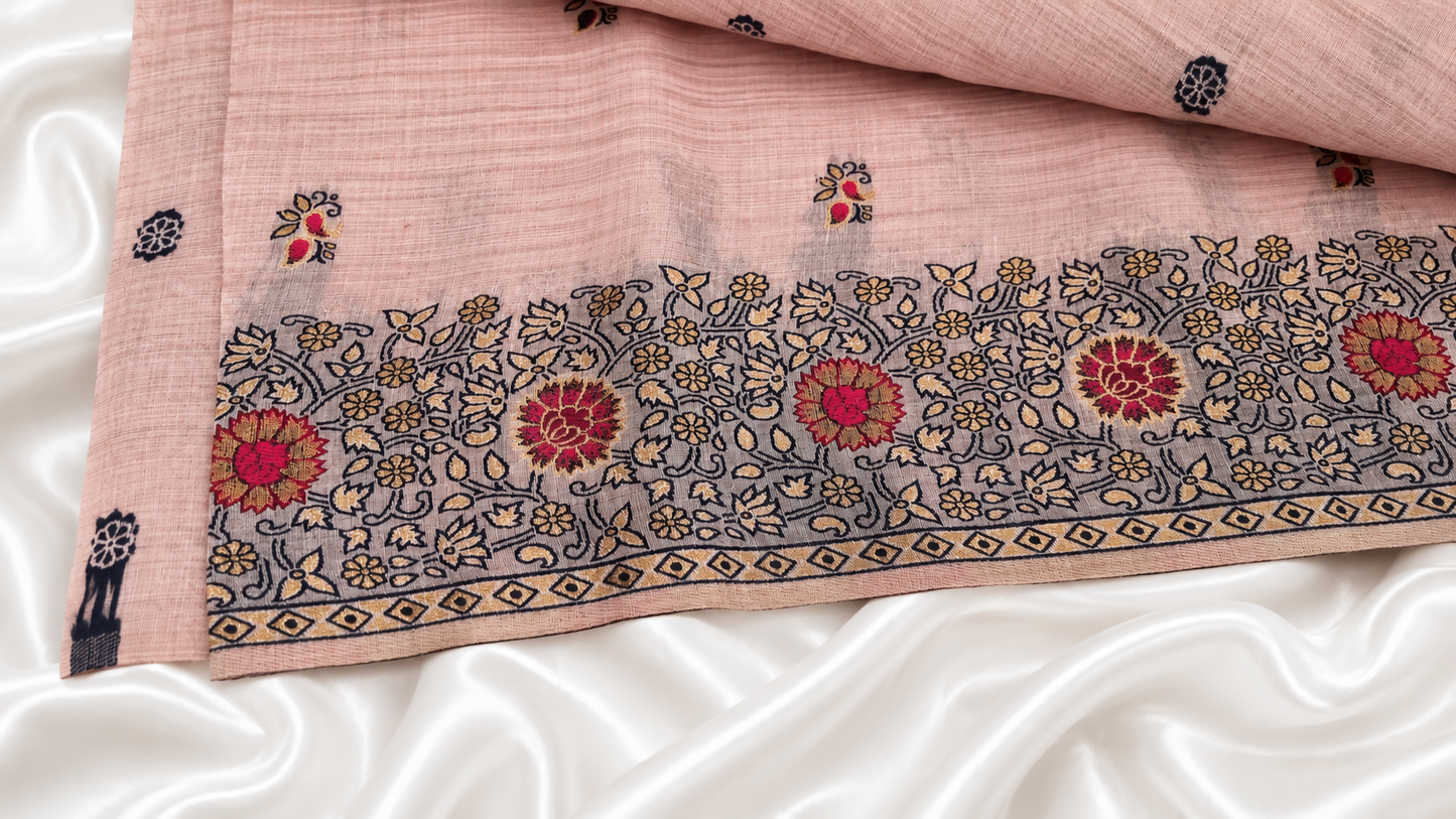 Coral Rose Cotton Silk Saree | Meenakari Zari Handwoven Floral & Leaf Motifs