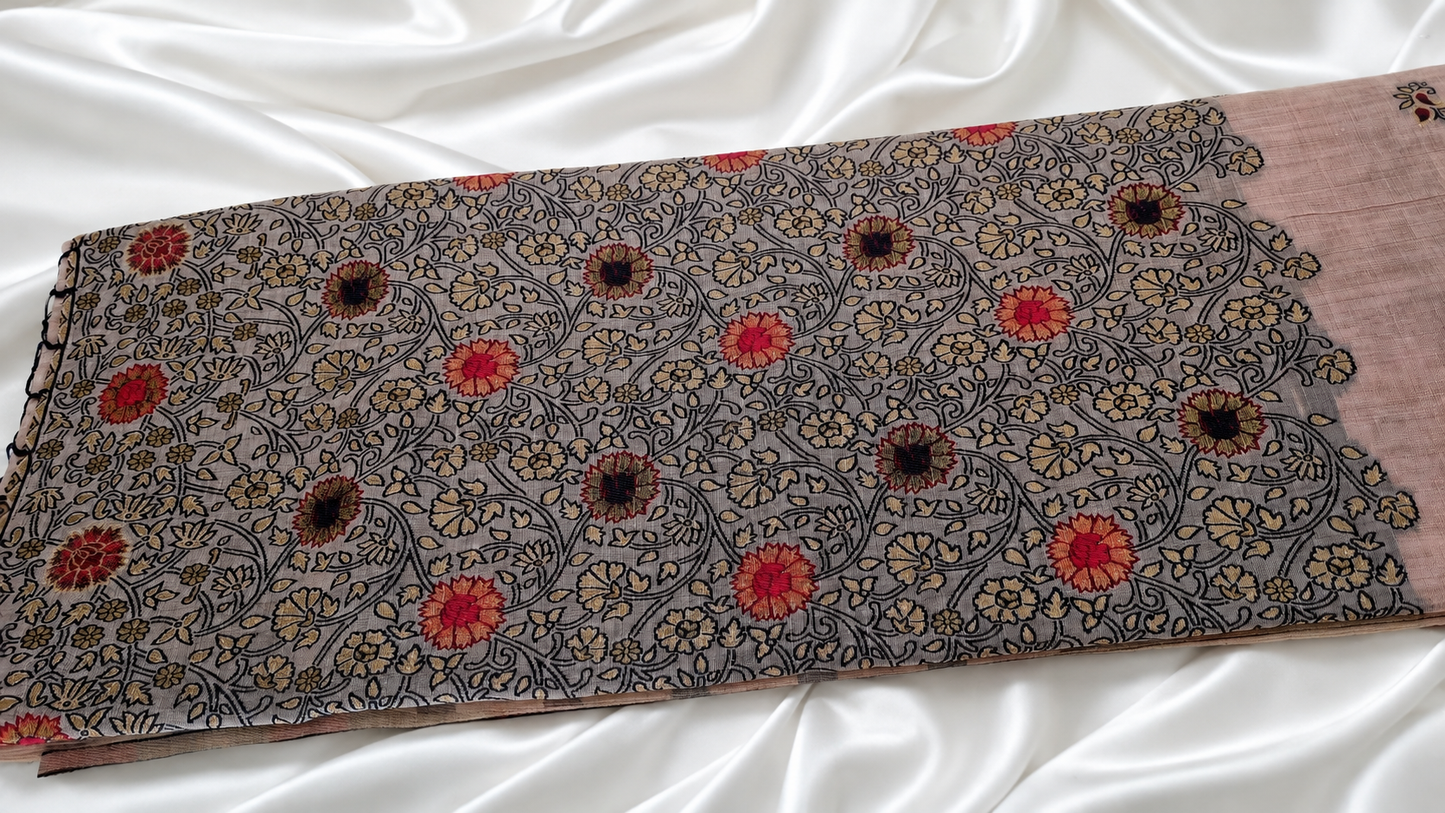 Coral Rose Cotton Silk Saree | Meenakari Zari Handwoven Floral & Leaf Motifs