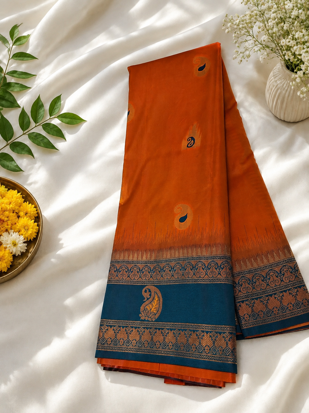 Saffron Dusk Soft Silk Saree with Peacock Blue Zari Pallu