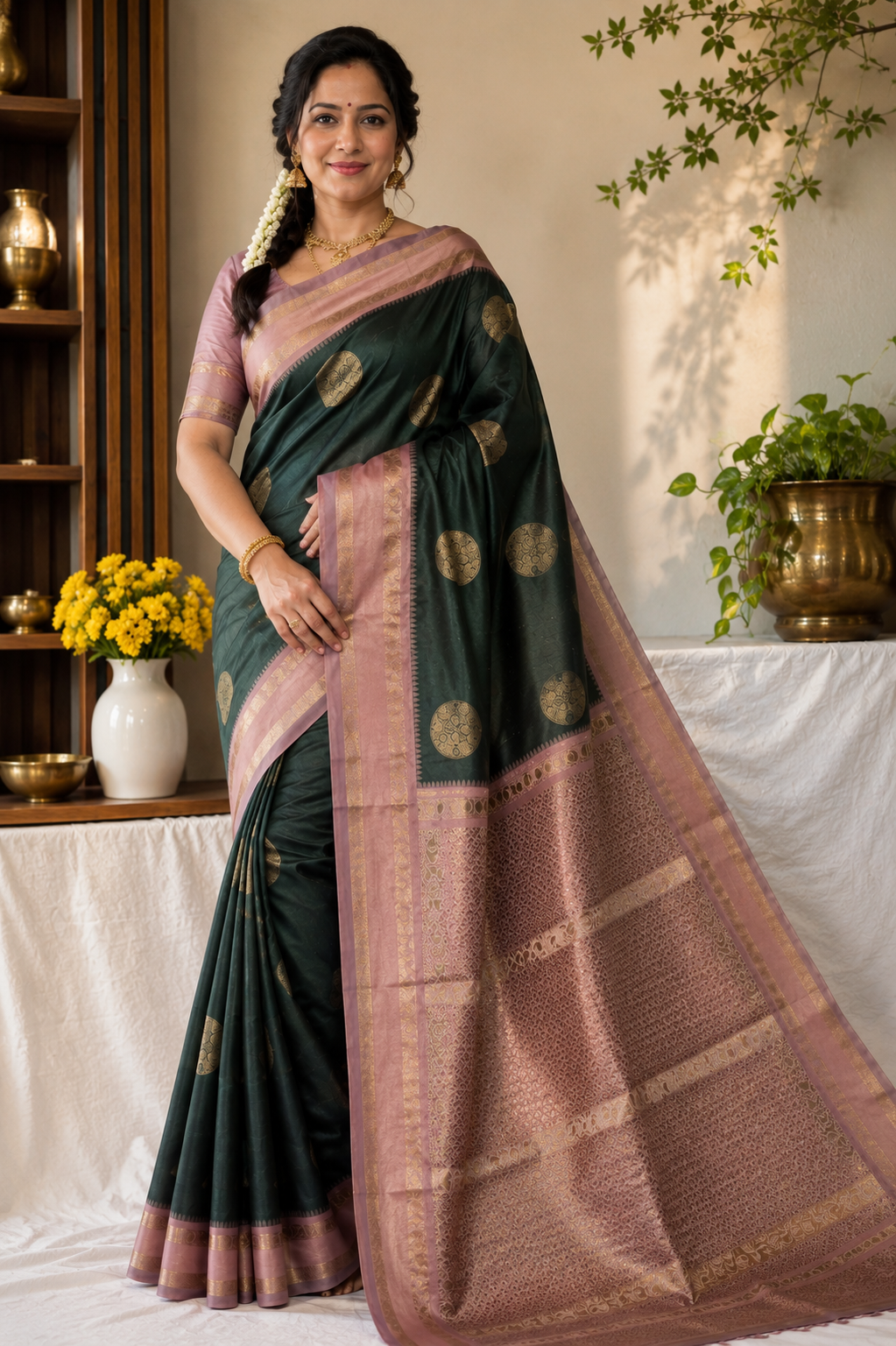 🌿 Bottle Green Kanjivaram Soft Silk – Annapakshi Zari Bhutta