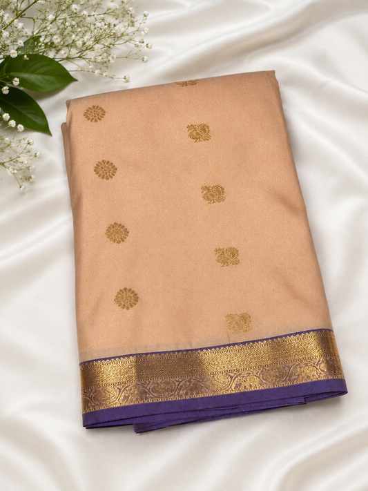🌸 Beige-Peach Kanjivaram Soft Silk Saree with Rudraksha &amp; Annapakshi Zari Motifs
