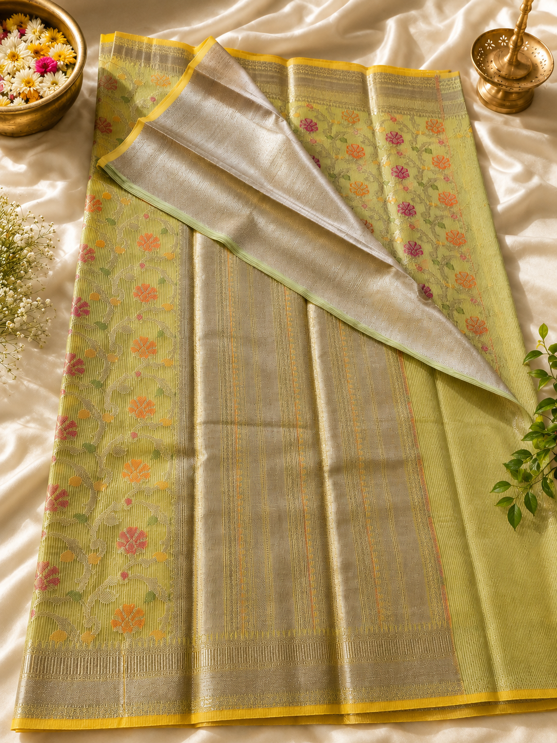 🌸 Pistachio Green Banarasi Soft Silk Kanjivaram Saree