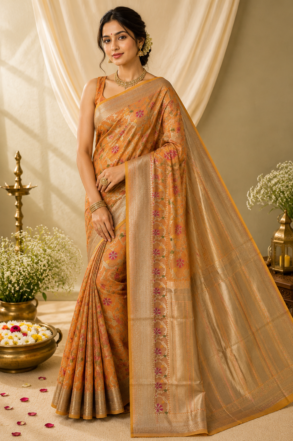 🌸 Saffron Banarasi Soft Silk Kanjivaram Saree