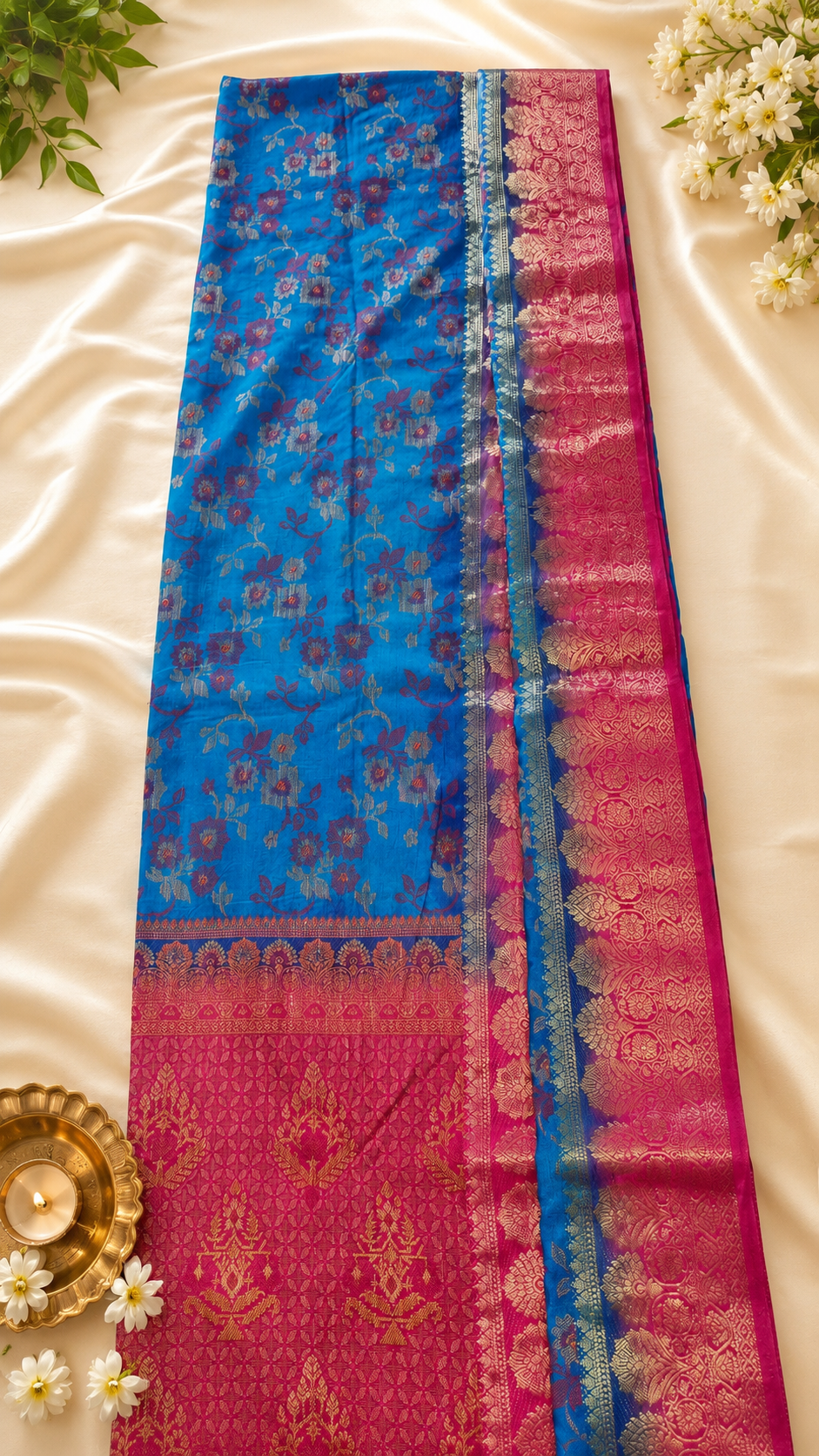 Turquoise Blue Soft Silk Kanjivaram Saree with Magenta Pink Zari Pallu
