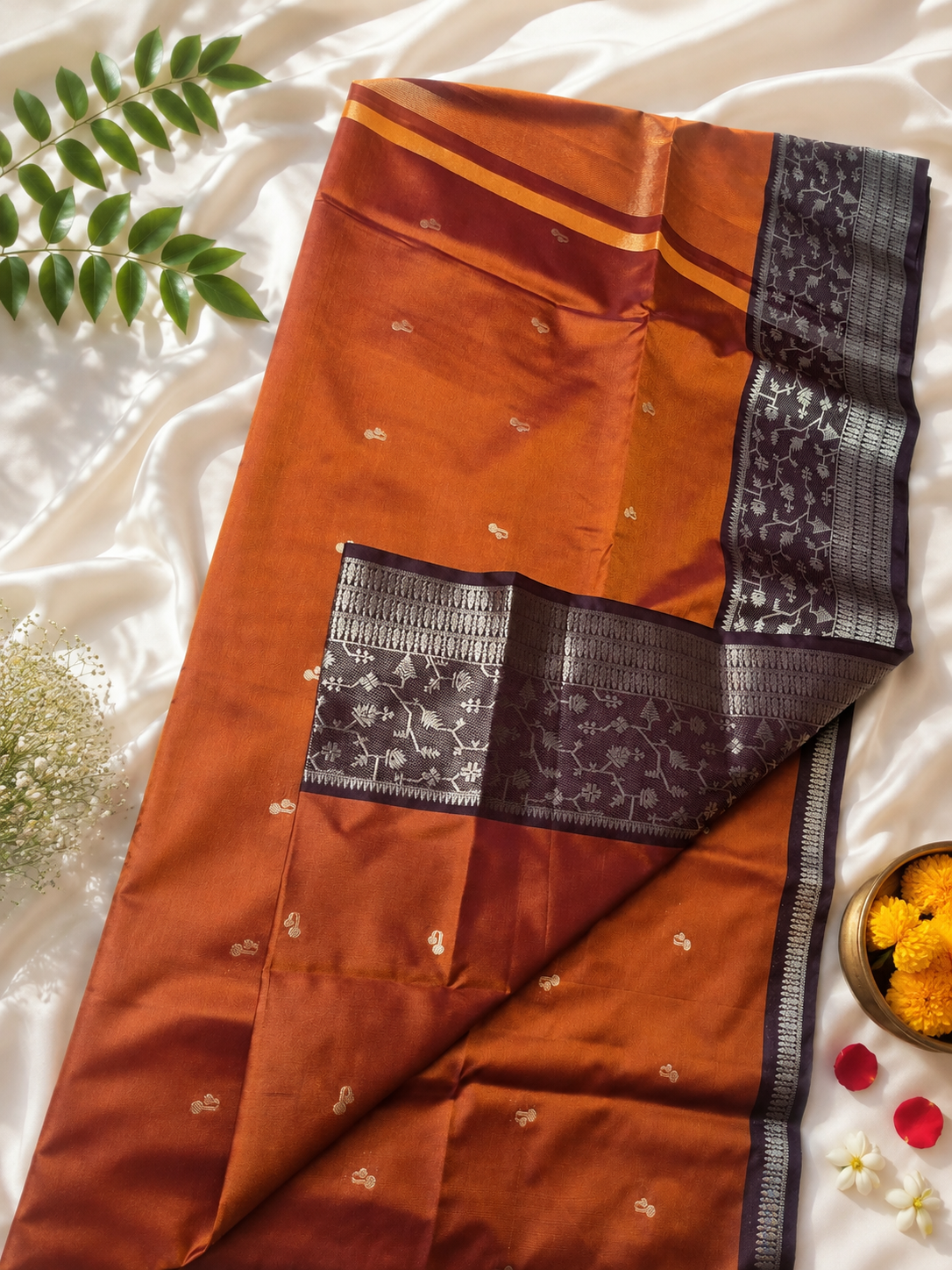 Rust Orange Kanjivaram Soft Silk Saree with Contrast Double Border