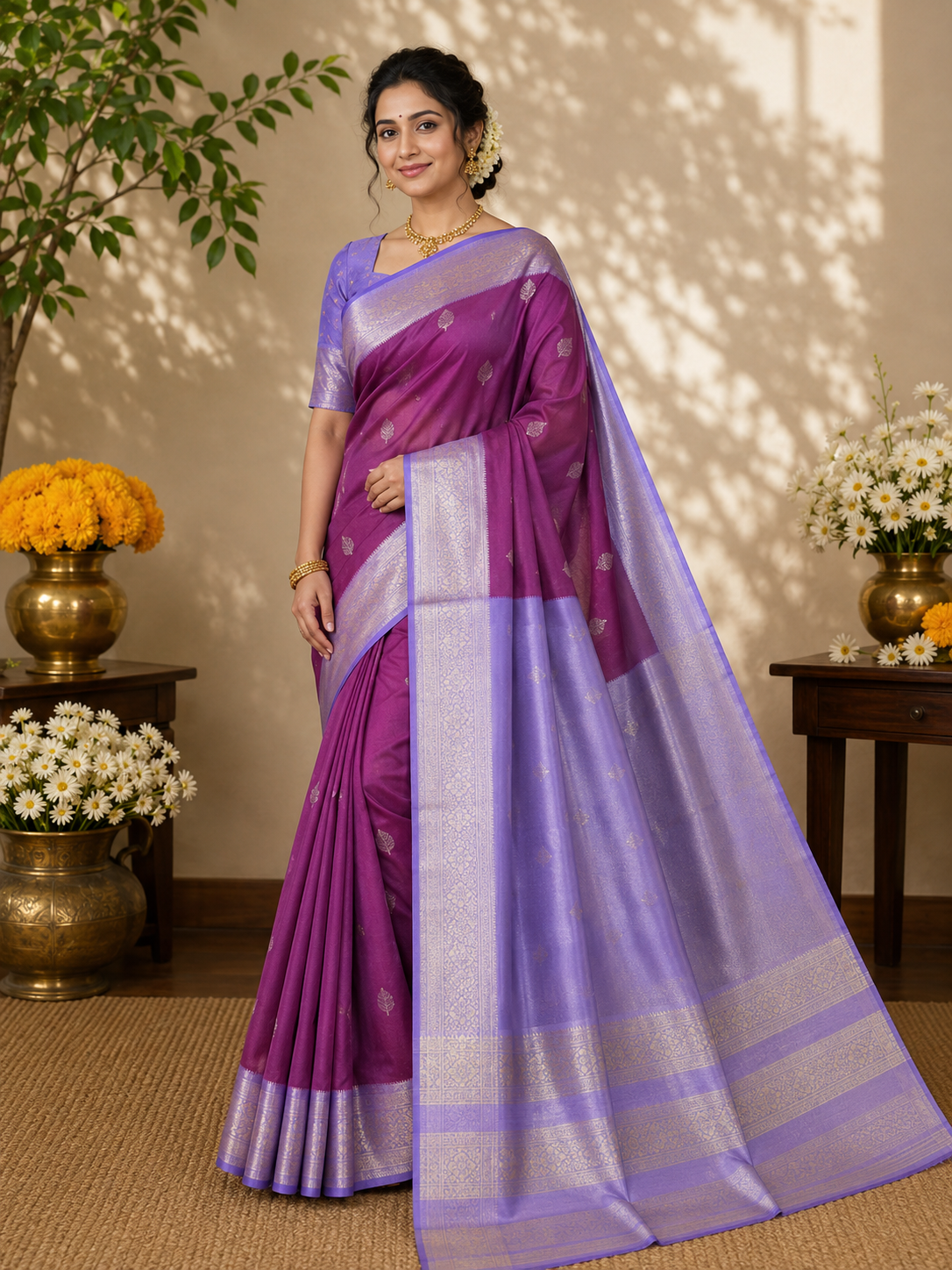 Purple Dual-Tone Soft Silk Kanjivaram Saree with Lavender Silver Zari Pallu