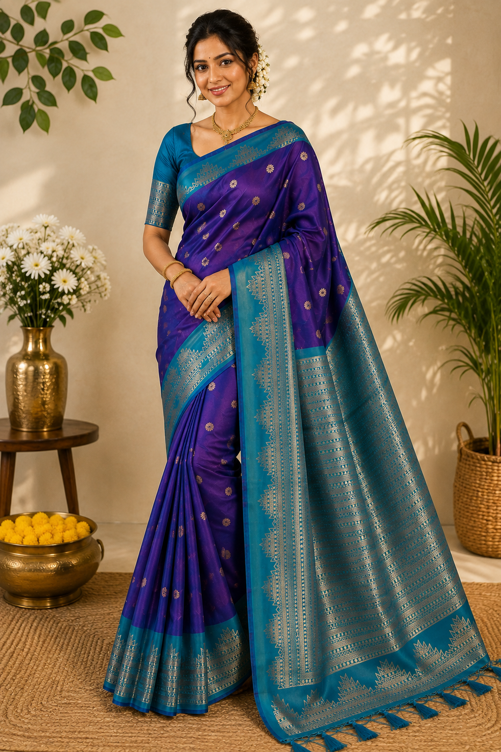 Royal Purple Soft Silk Kanjivaram Saree with Peacock Blue Zari Border