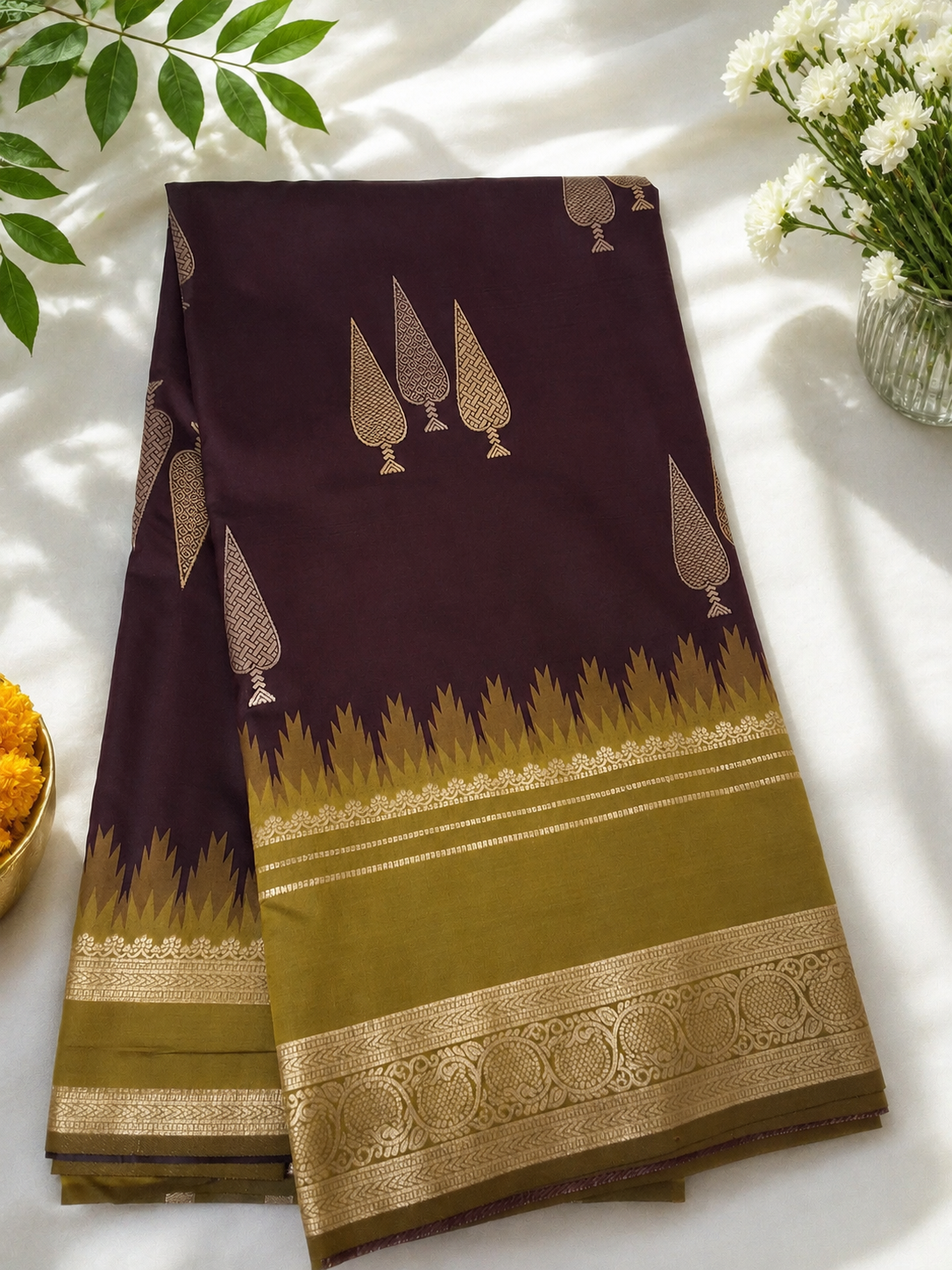 Tilakam Style Kanjivaram Soft Silk Saree – Deep Maroon & Olive Gold