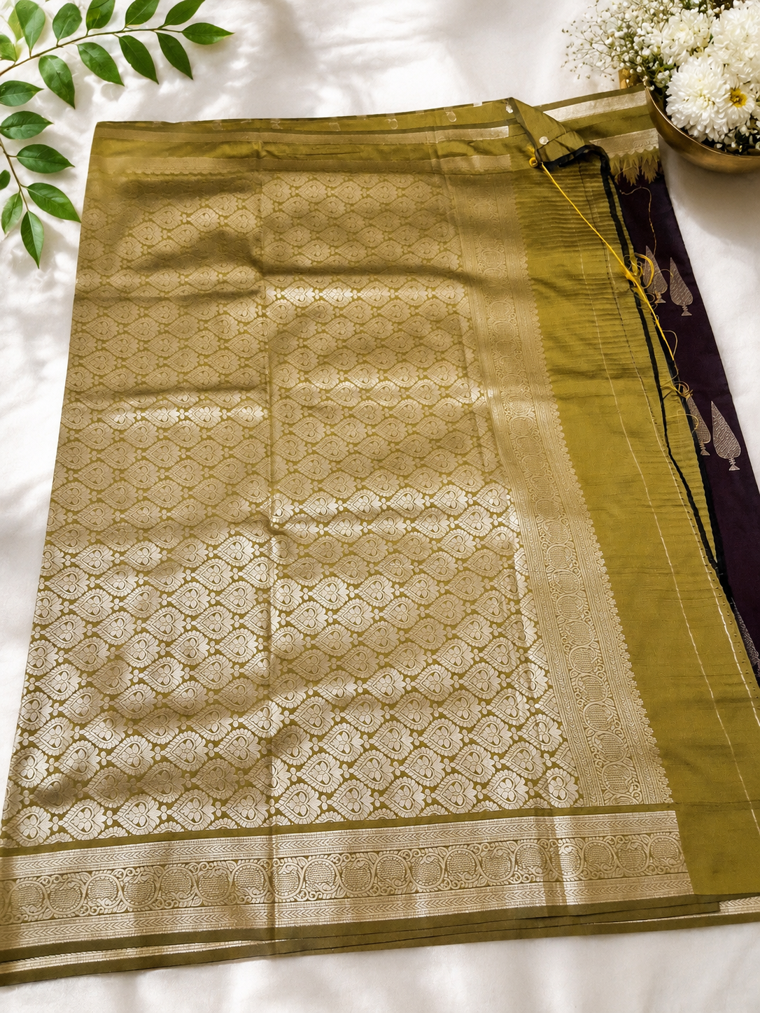 Tilakam Style Kanjivaram Soft Silk Saree – Deep Maroon & Olive Gold