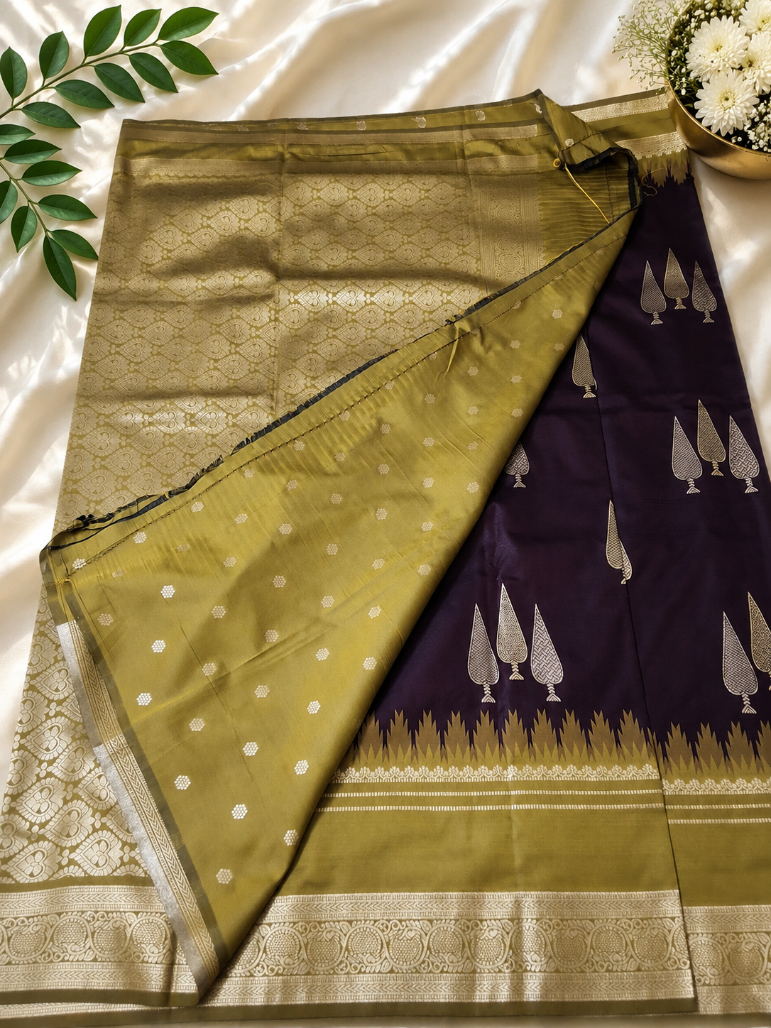 Tilakam Style Kanjivaram Soft Silk Saree – Deep Maroon & Olive Gold