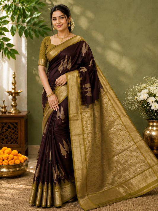 Tilakam Style Kanjivaram Soft Silk Saree – Deep Maroon & Olive Gold