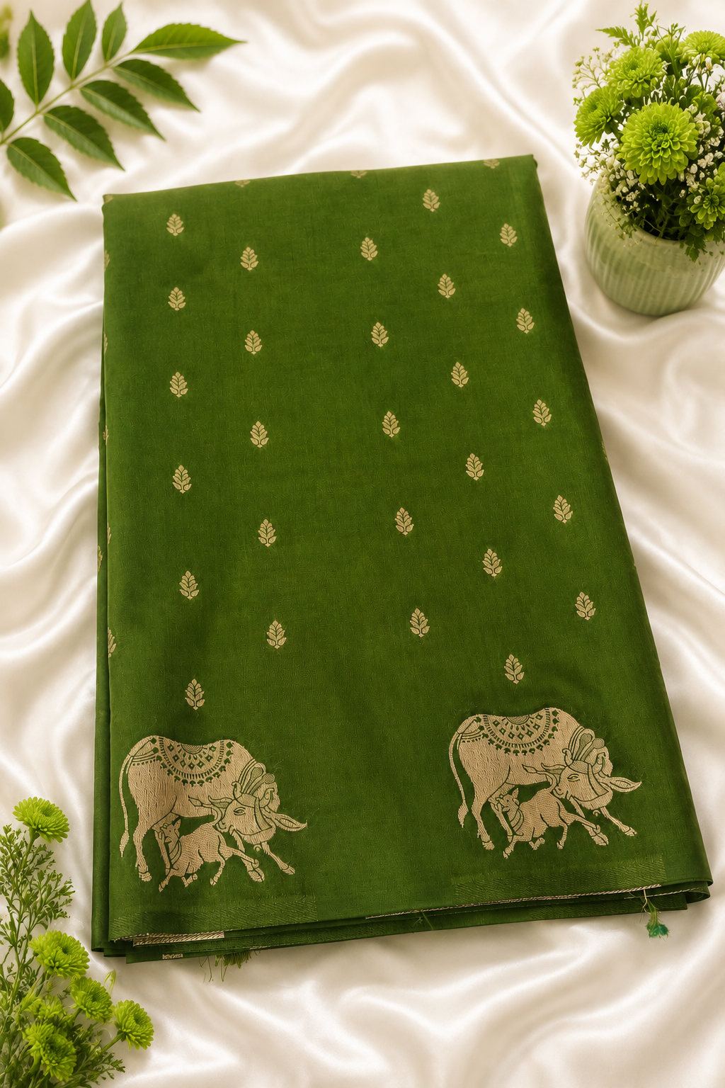 Emerald Kamdhenu Soft Silk Saree |Pichwai Border & Pallu