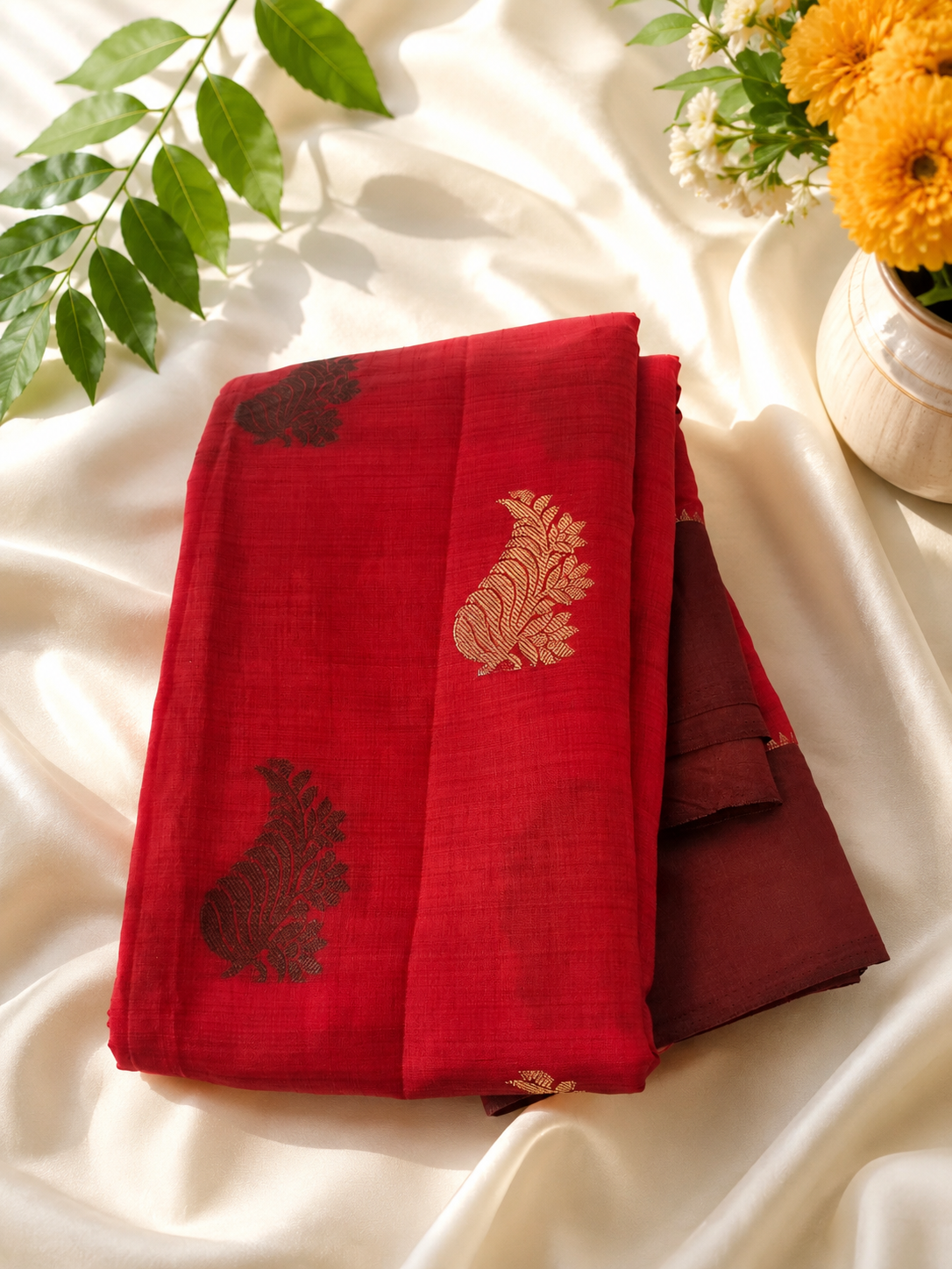Crimson Red Soft Silk Saree | Gold Zari Butta Weave | Coffee Brown Border