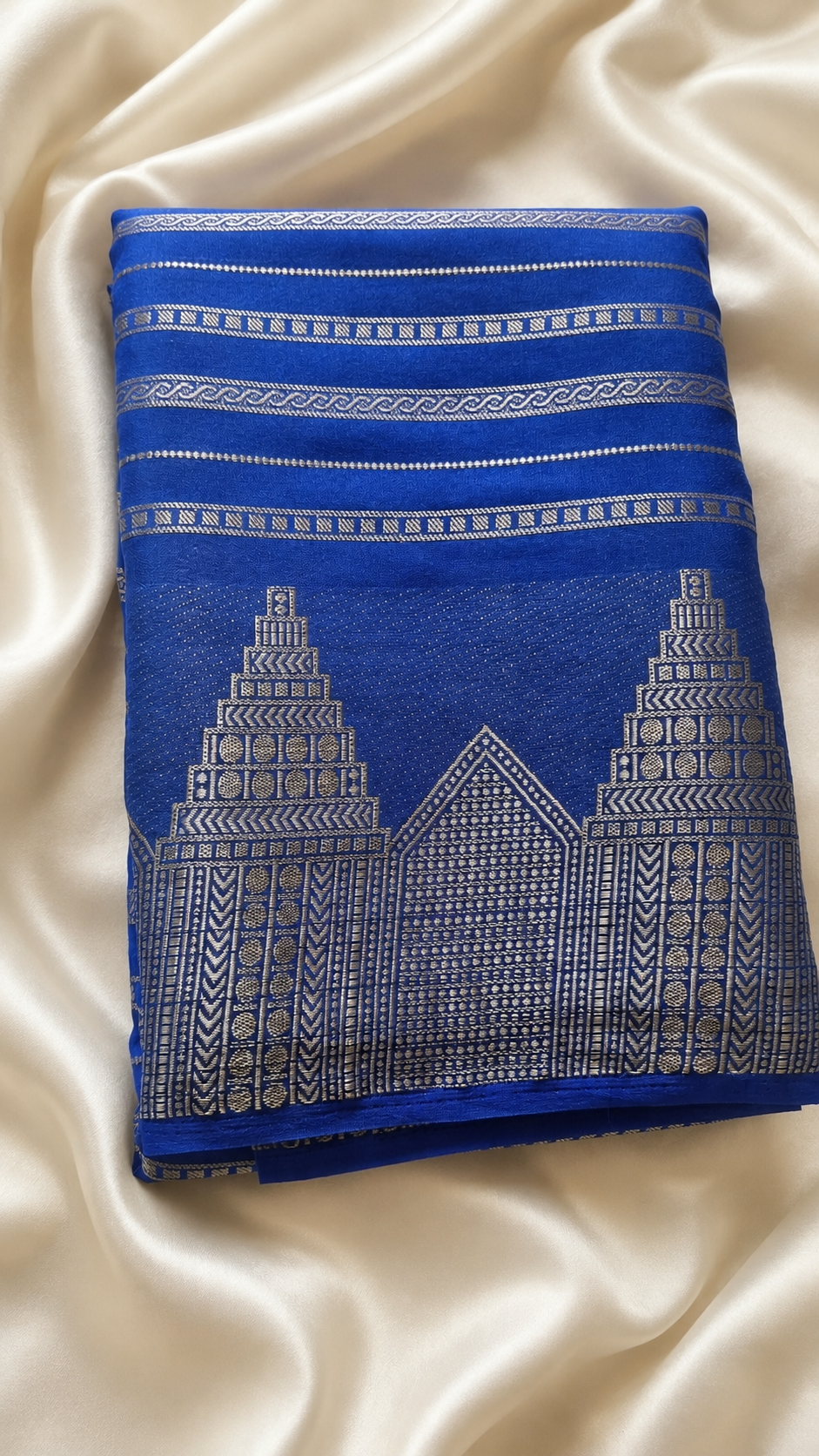 Royal Blue Soft Silk Saree | Silver Zari Veldhari Lines | Geometric Chakkram Pallu | Temple Border