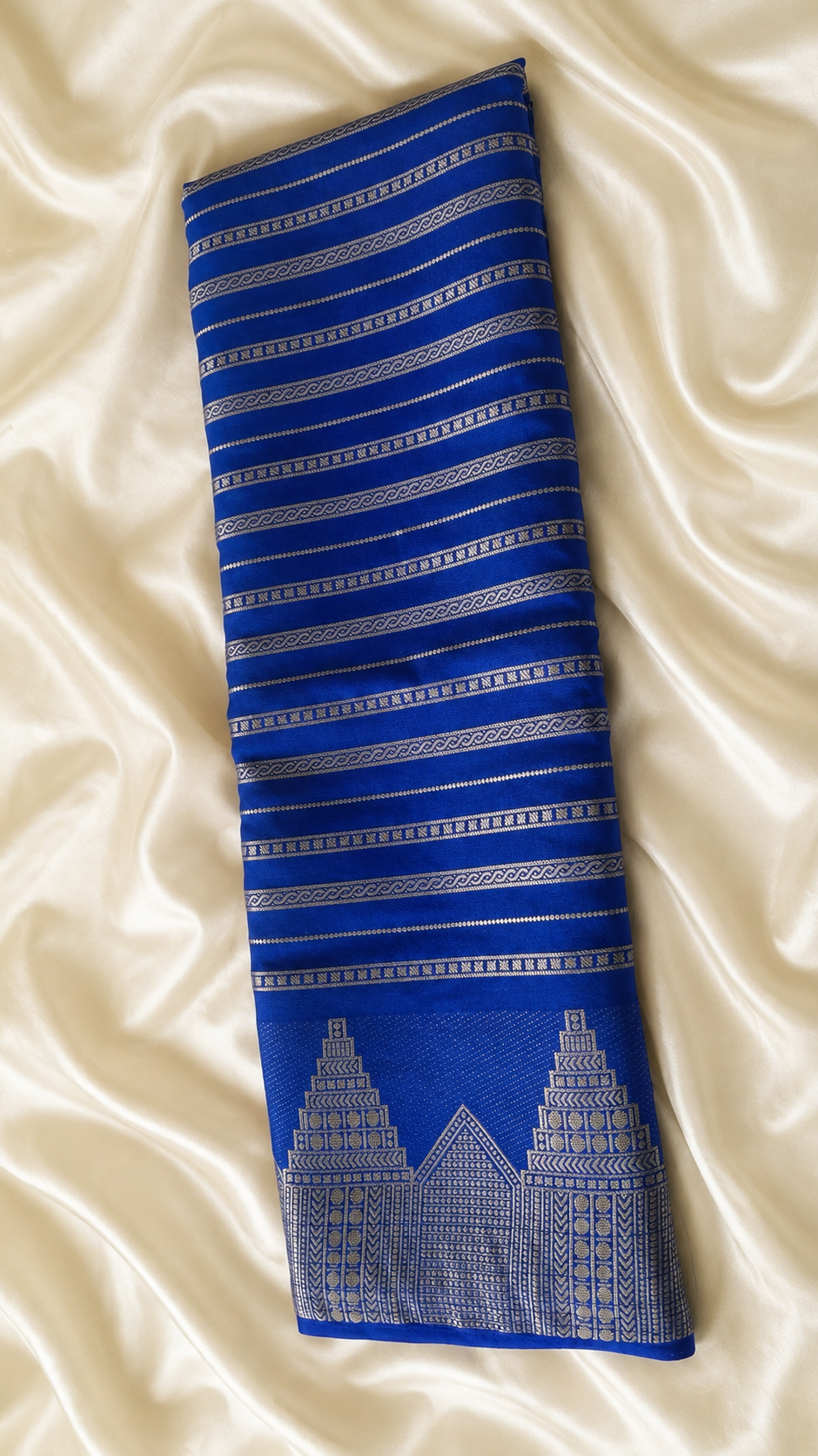 Royal Blue Soft Silk Saree | Silver Zari Veldhari Lines | Geometric Chakkram Pallu | Temple Border