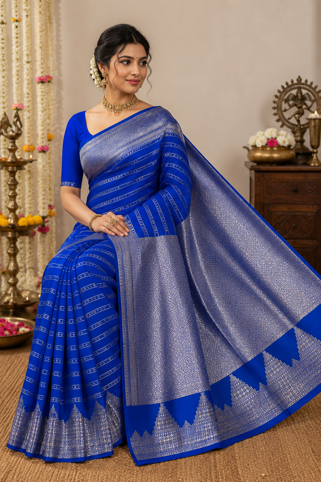 Royal Blue Soft Silk Saree | Silver Zari Veldhari Lines | Geometric Chakkram Pallu | Temple Border